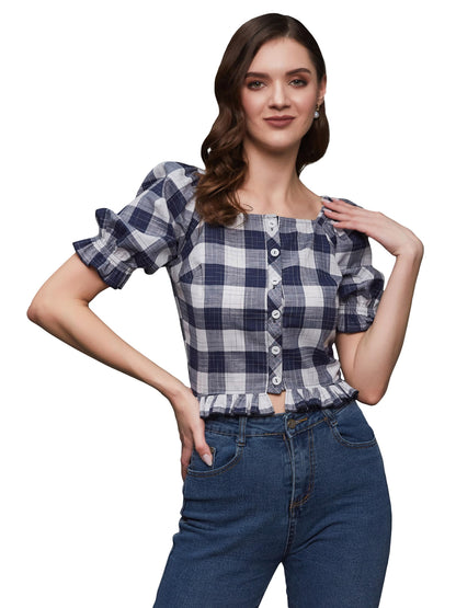 Miss Chase WomenS Checkered Square Neck Puff Sleeves Polyester Ruffled Short Top(Mcss23Tp14-28-154-05, Navy And White, L)