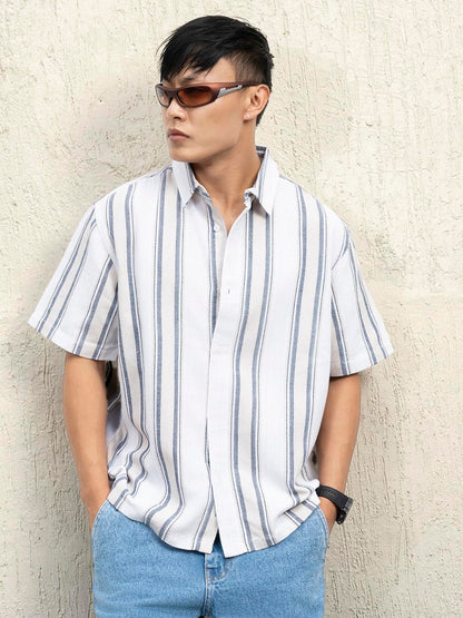 Hubberholme Men Cotton Short Sleeves Oversized Striped Shirt 12