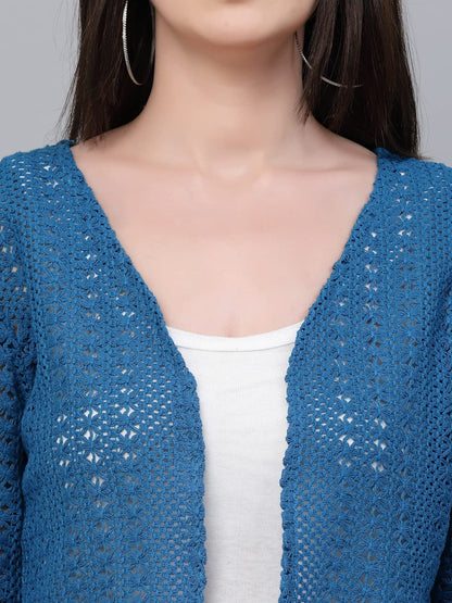 Style Quotient Women self Design Blue Open Front Crop Shrug