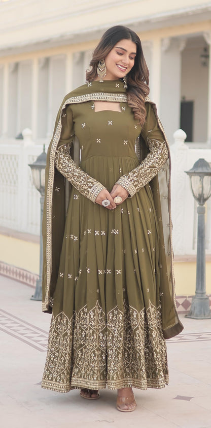 Fashion Basket Goergette Kurta With Duptta Olive