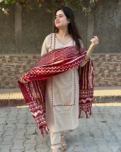 GoSriKi Womens Cotton Blend Straight Embroidered Kurta with Pant & Dupatta (DD Beige-NW-GS_XXL_Beige_XX-Large)