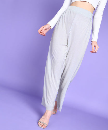 POPWINGS Casual Self Design Wrinkle Shimmer Trouser for Women || Pull On Trouser for Women || High Rise Loose Fit Women Trouser