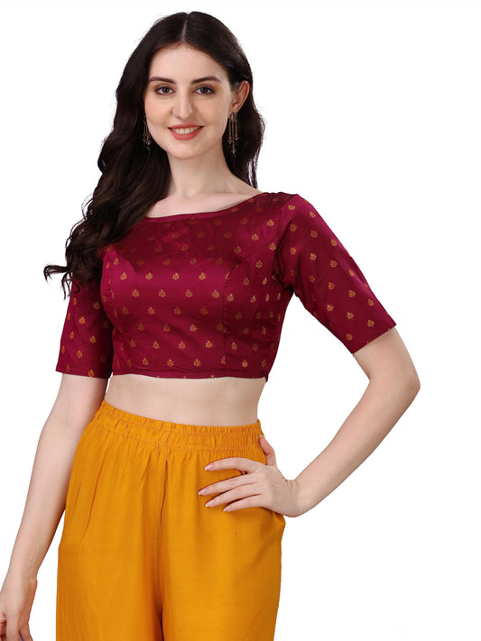 Oomph! WomenS Indian Ethnic Wear Designer Leaf Pattern Boat Neck Half Sleeve Brocade Maroon Blouse For Saree Or Lehnga And Blou