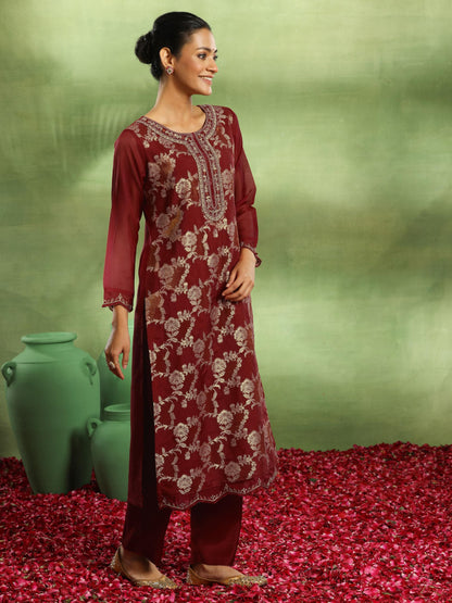Libas WomenS Organza Woven Design Kurta Set (49318 Maroon