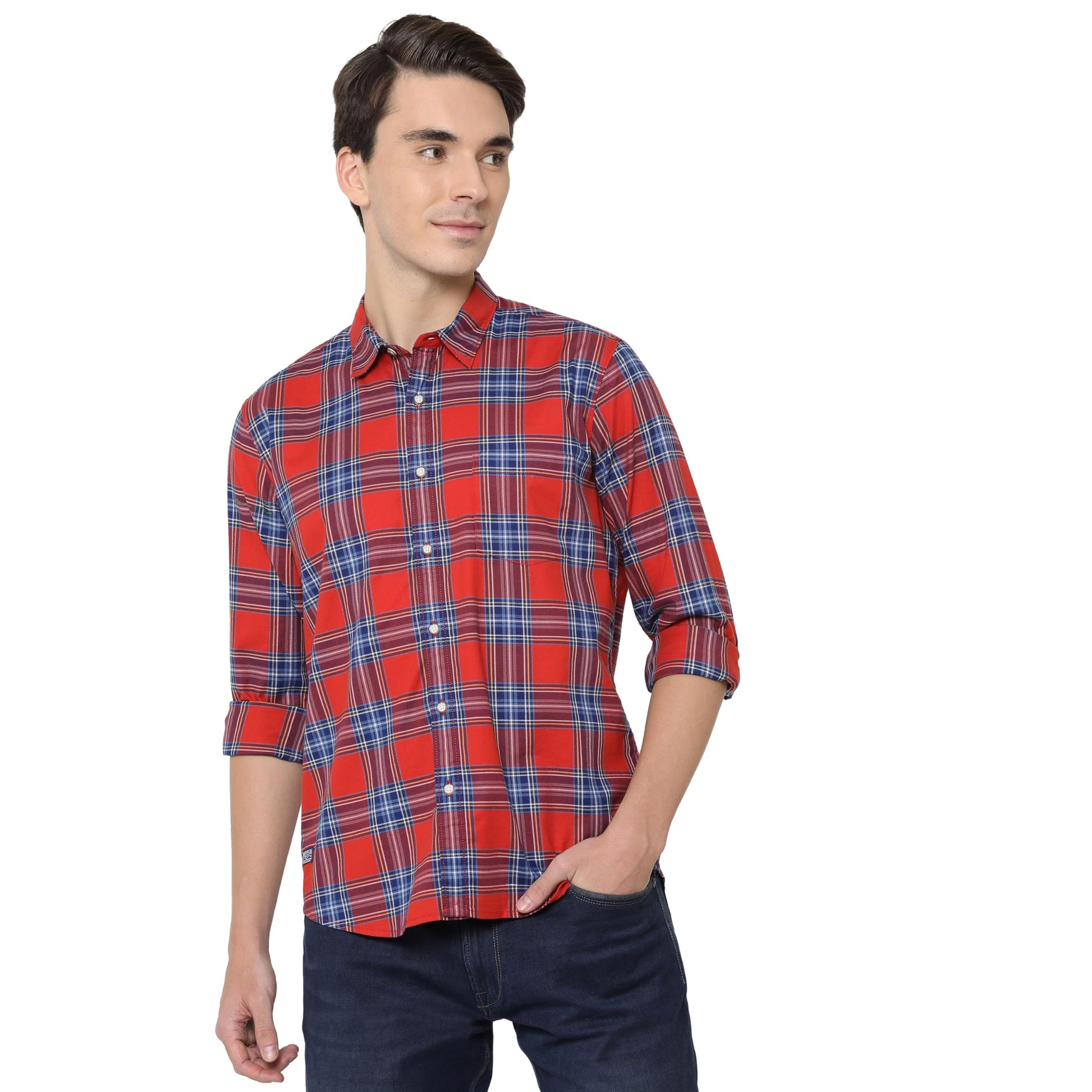 Pepe Checks Cotton Stretch Regular Fit Mens Casual Shirt (S22Jakielsipred004, Red, Large)
