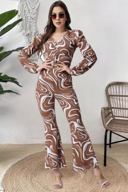 Popwings Casual Brown Marble Printed Crop Top And Trouser Co-Ord Set For Women || Co-Ords Set For Women Stylish Western || Full