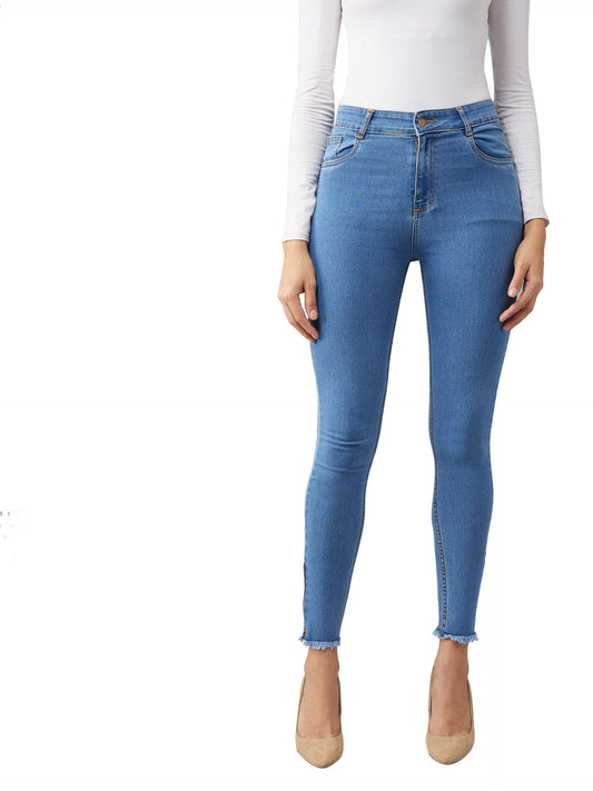 Dolce Crudo Womens Blue Skinny High Rise Clean Look Fringe and Side Zipper Detailing Cropped Denim Jeans(DOSS19DEN07-27-115_Blu