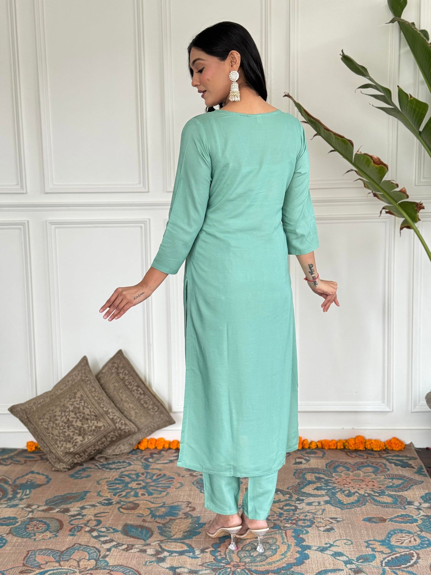 Naixa WomenS Firoji Viscose Embroidered Straight Kurta With Viscose Pant And Jaquard Silk Printed Dupatta Sets (Nx-461-Firoji-X