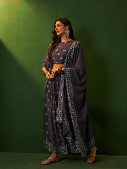 ZIYAA Women Grey Georgette Flare Kurta Skirt And Dupatta Set