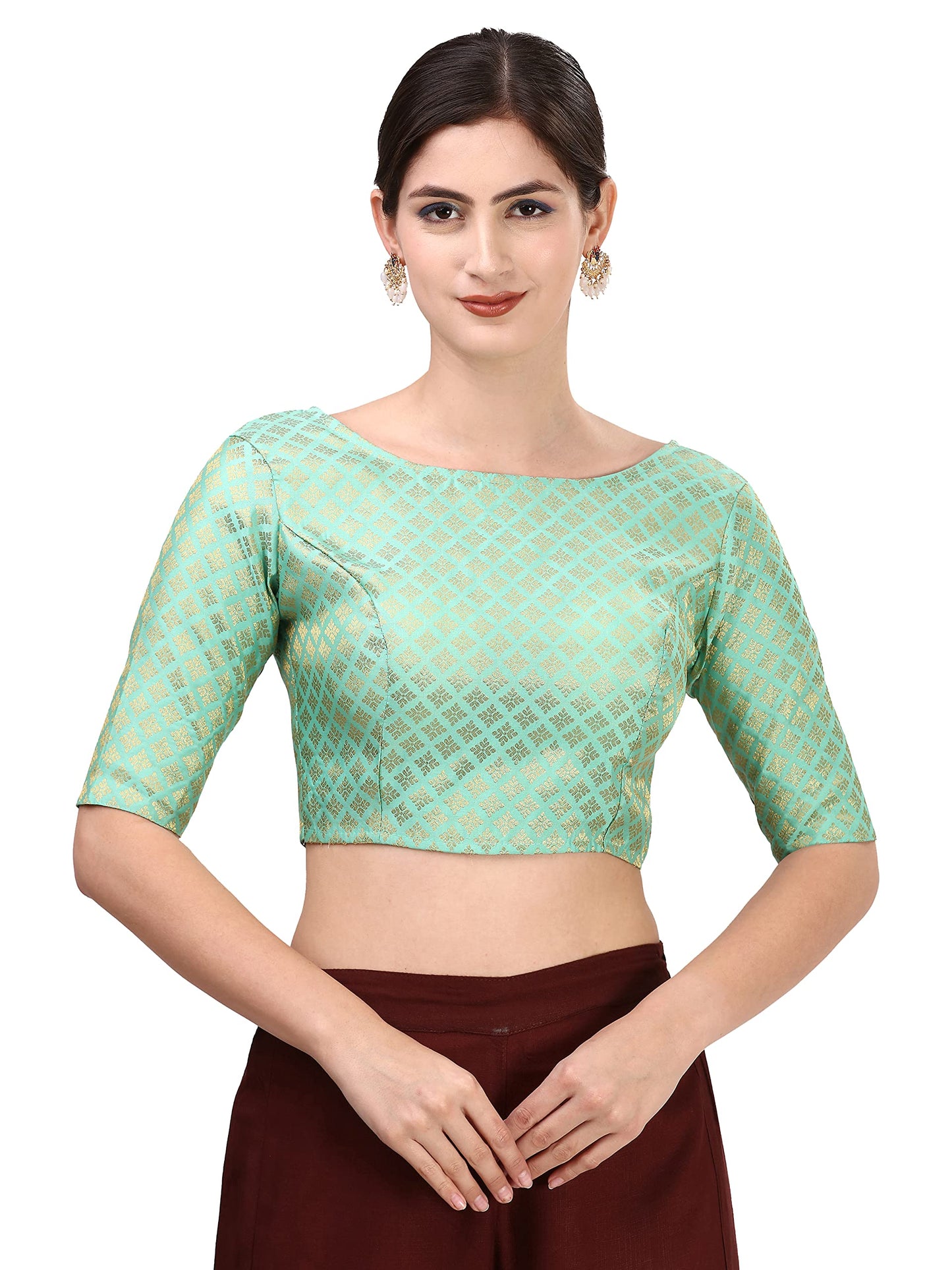 Oomph! Readymade Blouse For Women, Brocade, Green, Boat Neck