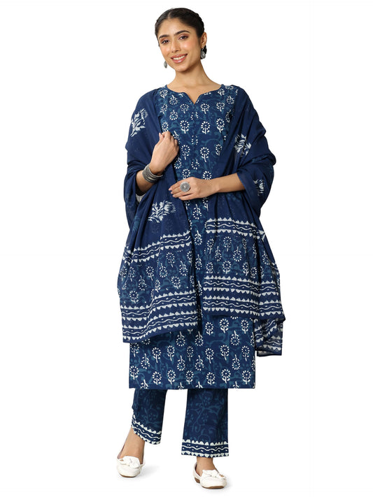 Libas WomenS Cotton Floral Kurta Set (400032Or_Blue