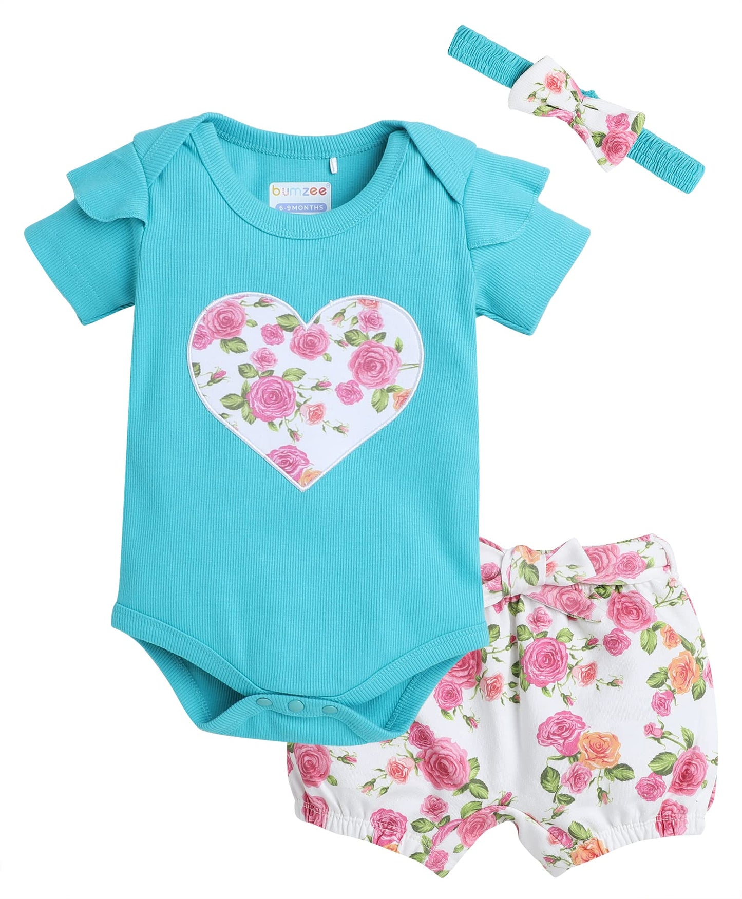 Bumzee Blue & White Girls Half Sleeves Bodysuit & Short Set With Headband & Age - 3-6 Months (Peb8063C-Blu.Wht)