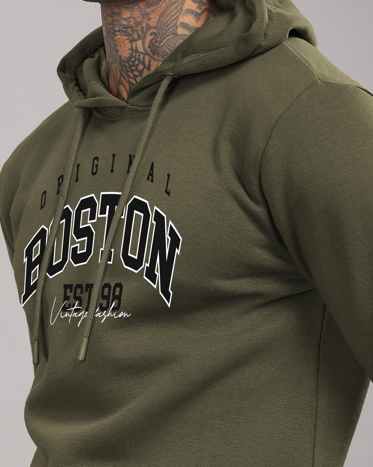 ADRO Men's Cotton Neck Hooded Sweatshirt (H24-BOST-OL_Olive