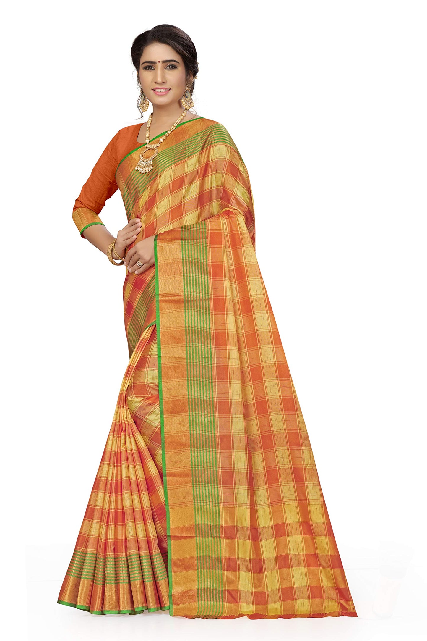 Anni Designer WomenS Orange Color Tussar Silk Checkered Printed Saree With Blouse Piece (Friha Orange)