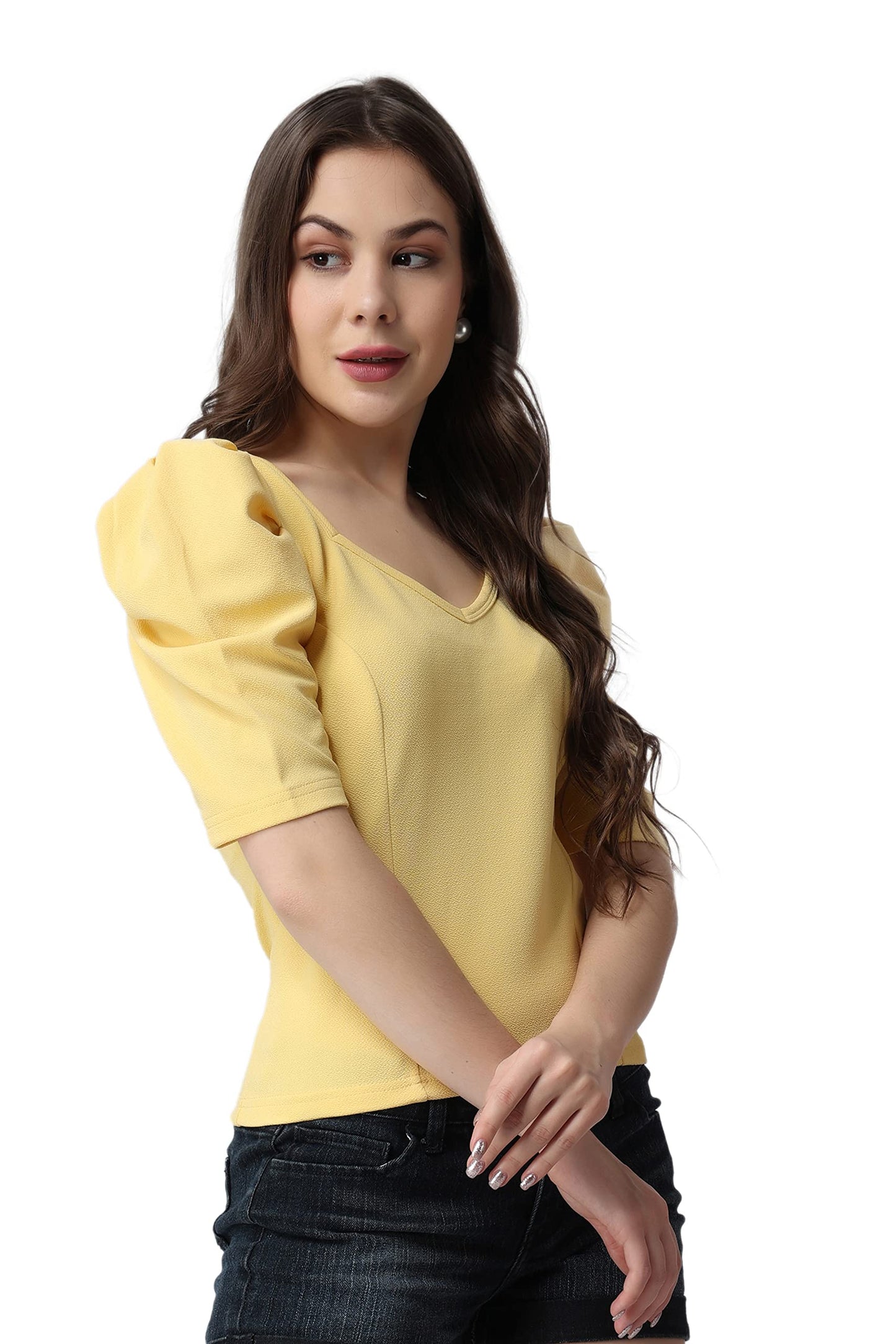 POPWINGS Casual Lime Yellow Top for Women || Cute Puff Half Sleeves Women Top for Summer || V-Neck Top for Women || Stylish Late