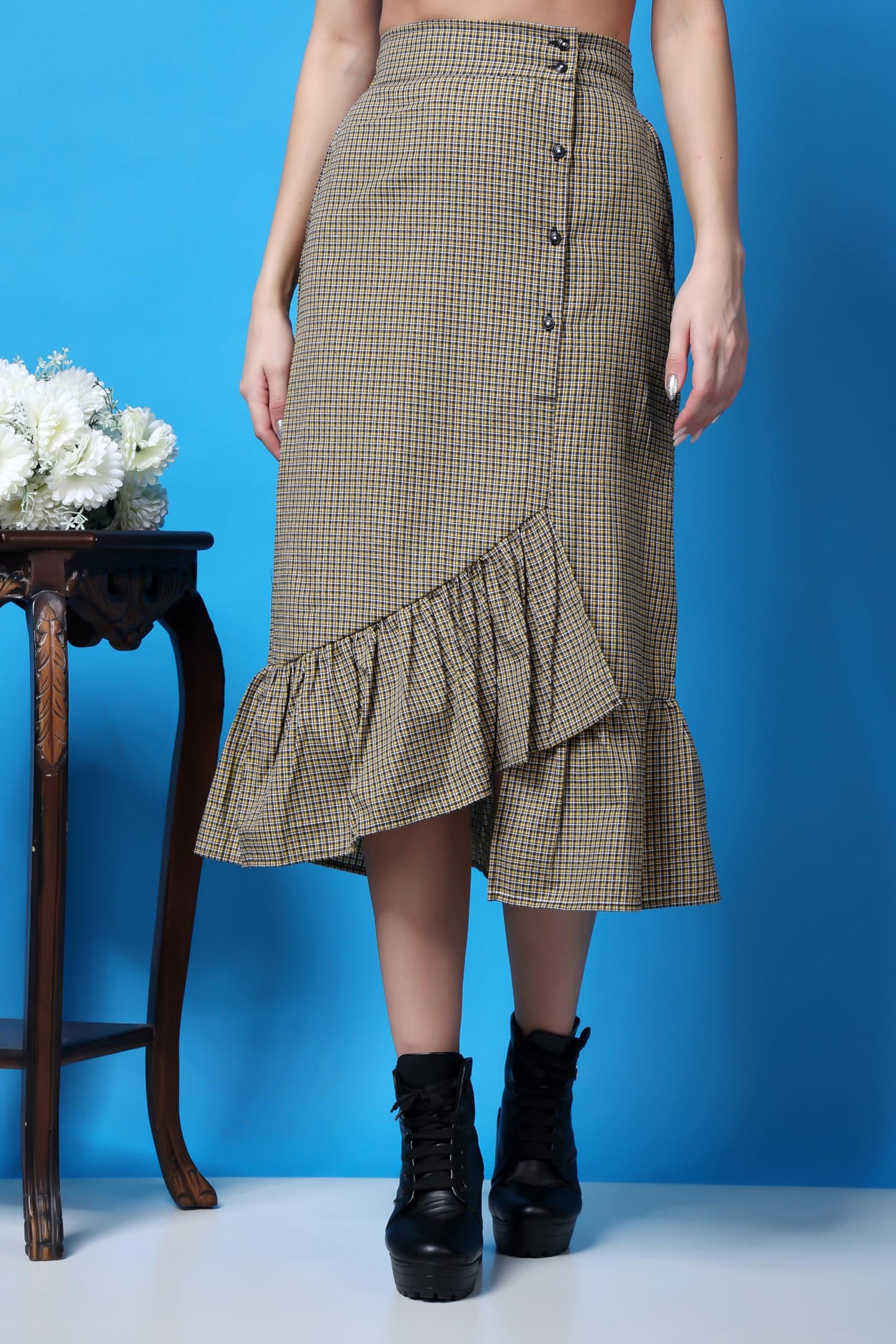 POPWINGS Casual Check Print Long Flare Skirt for Women | Cotton Skirt for Women Skirt for Women Yellow