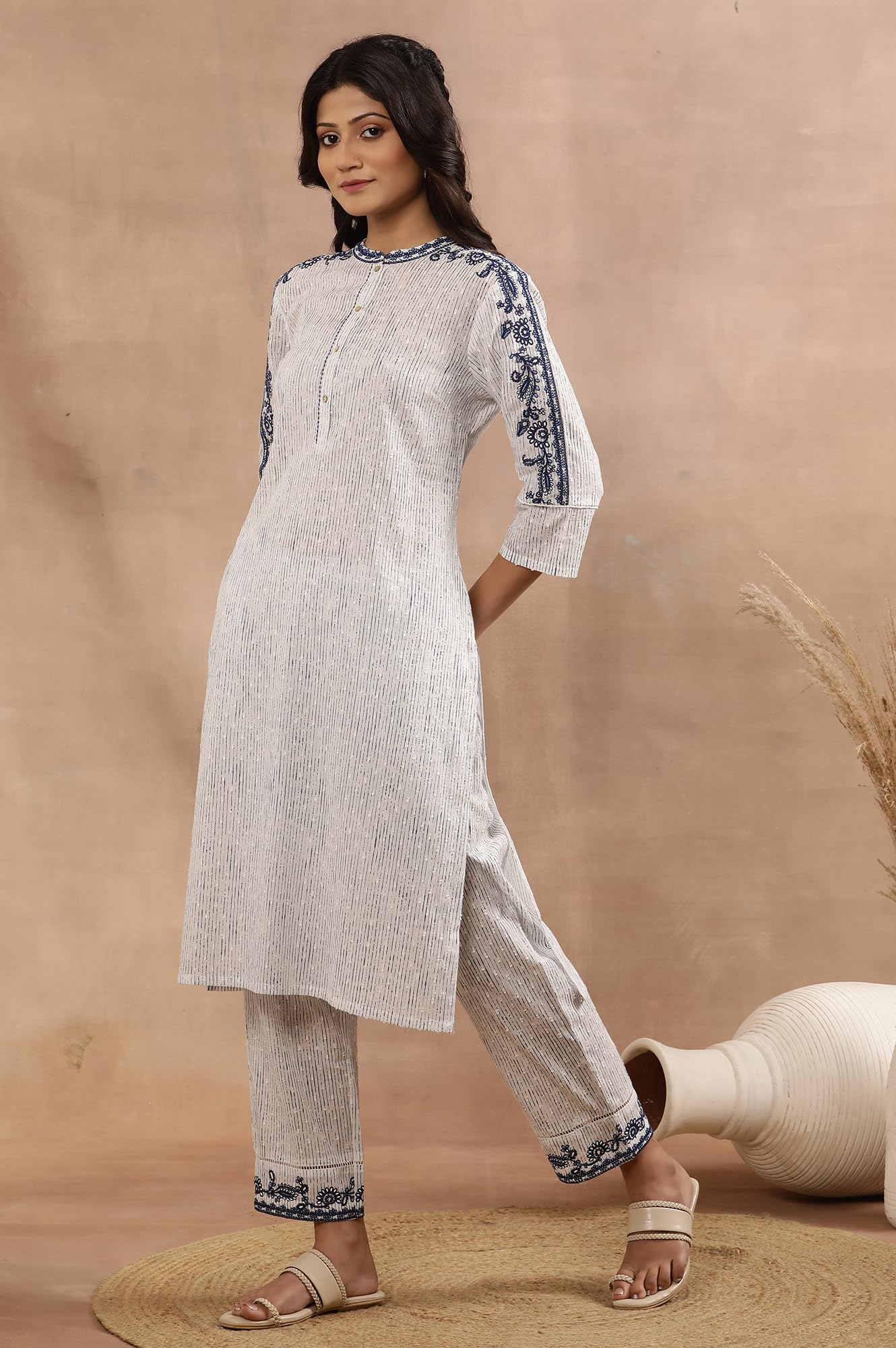 W for Woman White Cotton Stripe Printed Kurta with Thread Embroidery