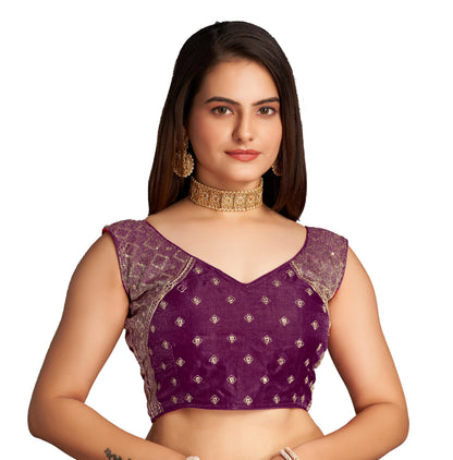 Pujia Mills WomenS Sequin Embroidered V Neck Sleeveless Wine Readymade Saree Blouse Indian Ethnic Stitched Padded Blouses For W