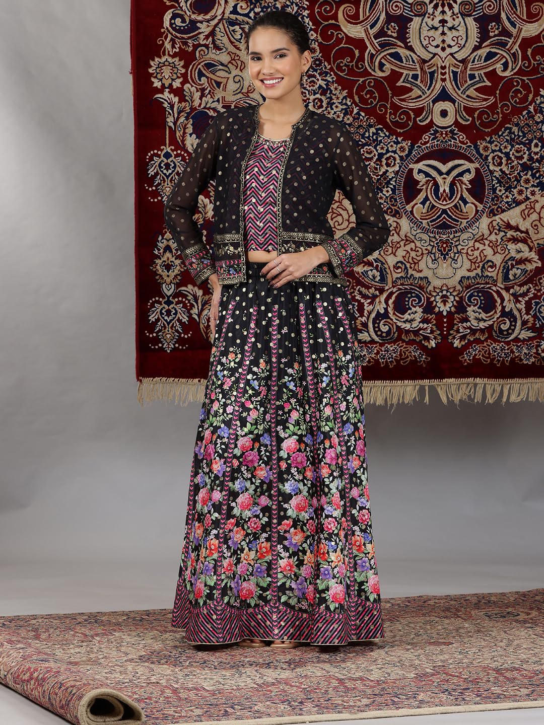 Aurelia Womens Pink Geometric Printed Sleeveless Top, Black Sheer Jacket and Flared Skirt Set