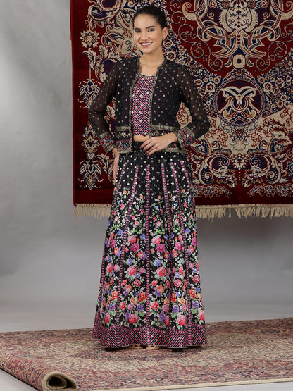 Aurelia Womens Pink Geometric Printed Sleeveless Top, Black Sheer Jacket and Flared Skirt Set