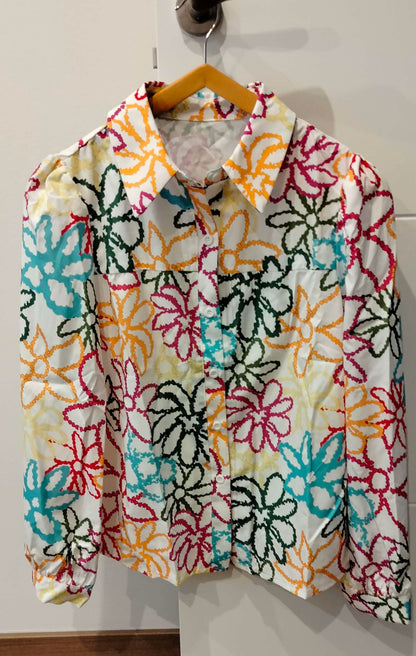 Shasmi Girls & Womens Solid White Colorful Casual Fit Lapel Cardigan Shirt Colorful Flower Printed Long Sleeve Shawl Collared