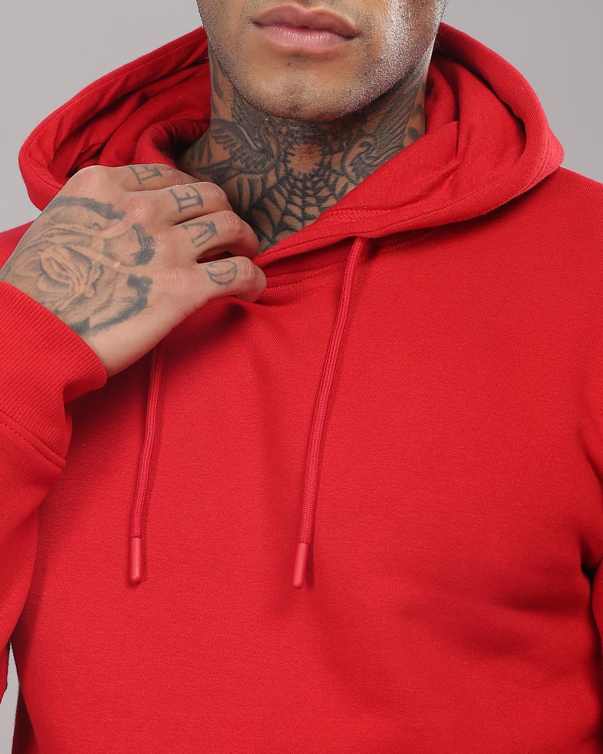 ADRO Men's Cotton Neck Hooded Sweatshirt (H24-M-PLN-RD_Red