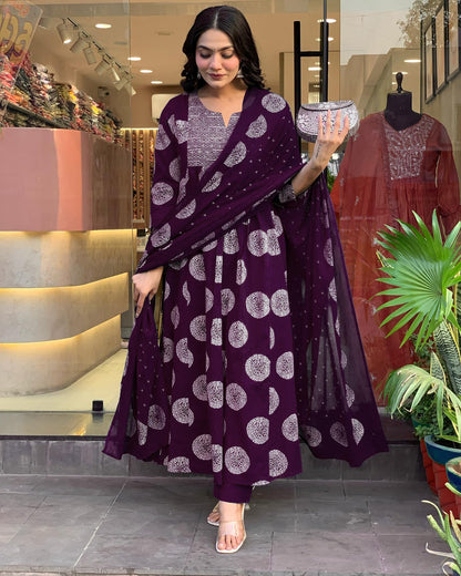 Toochki Dress For Women | Flared Dresses | Three Piece | Embroidered With Printed Work | Rayon Fabric | Wine | With Pant And Dup