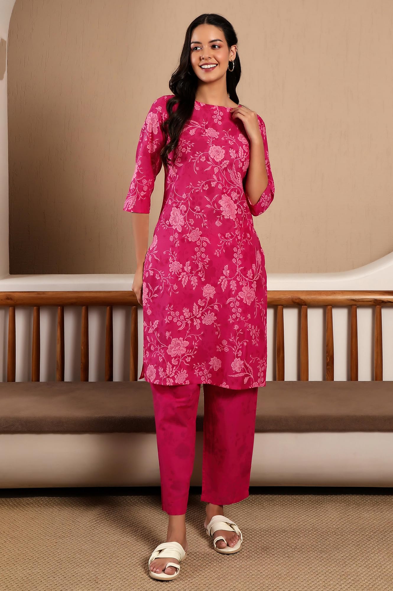 W For Woman Floral Printed Straight Pure Cotton Kurta Co-Rd Set | Lightweight Round Neck Kurta For Women Cotton |Printed Kurta S