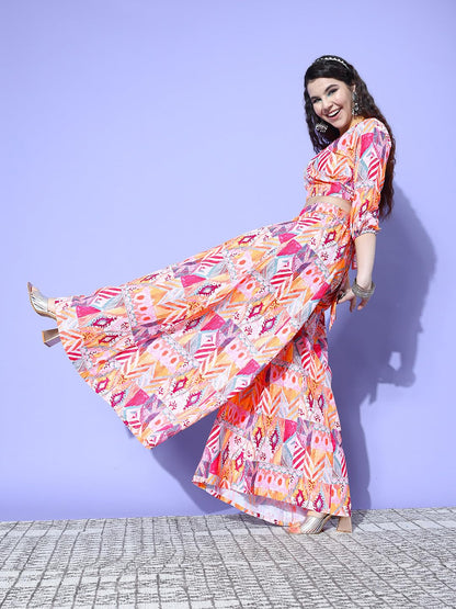 Varanga Women Multi Colour Abstract Printed Wrap Top Paired With Tonal Printed Flared Bottom