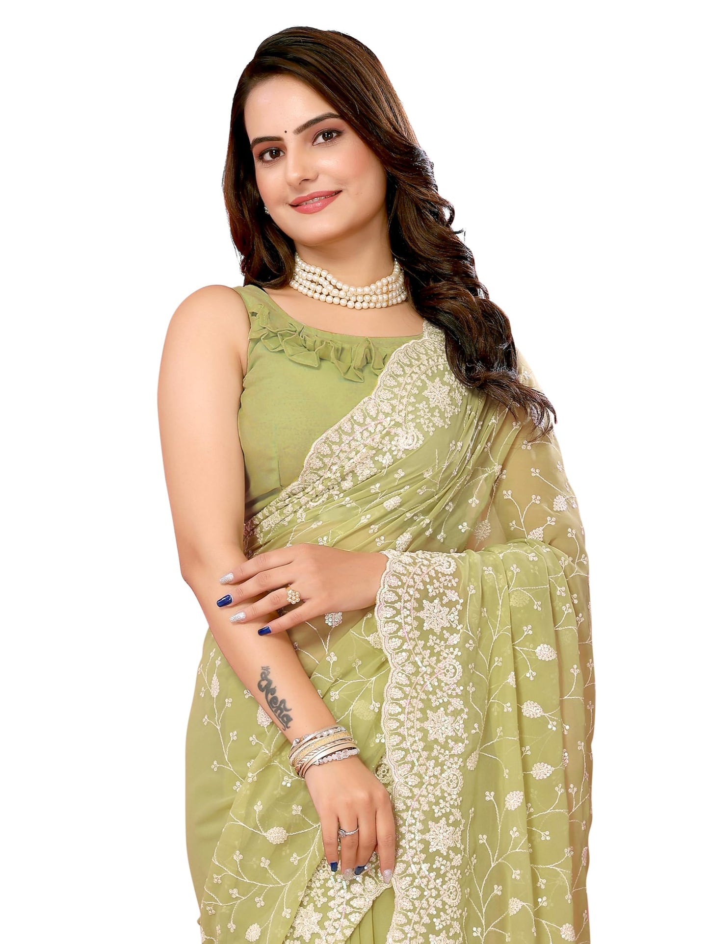 Vairagee Women Soft Georgette Emroidery Saree With Sequence Work Unstitched Blouse (6246)