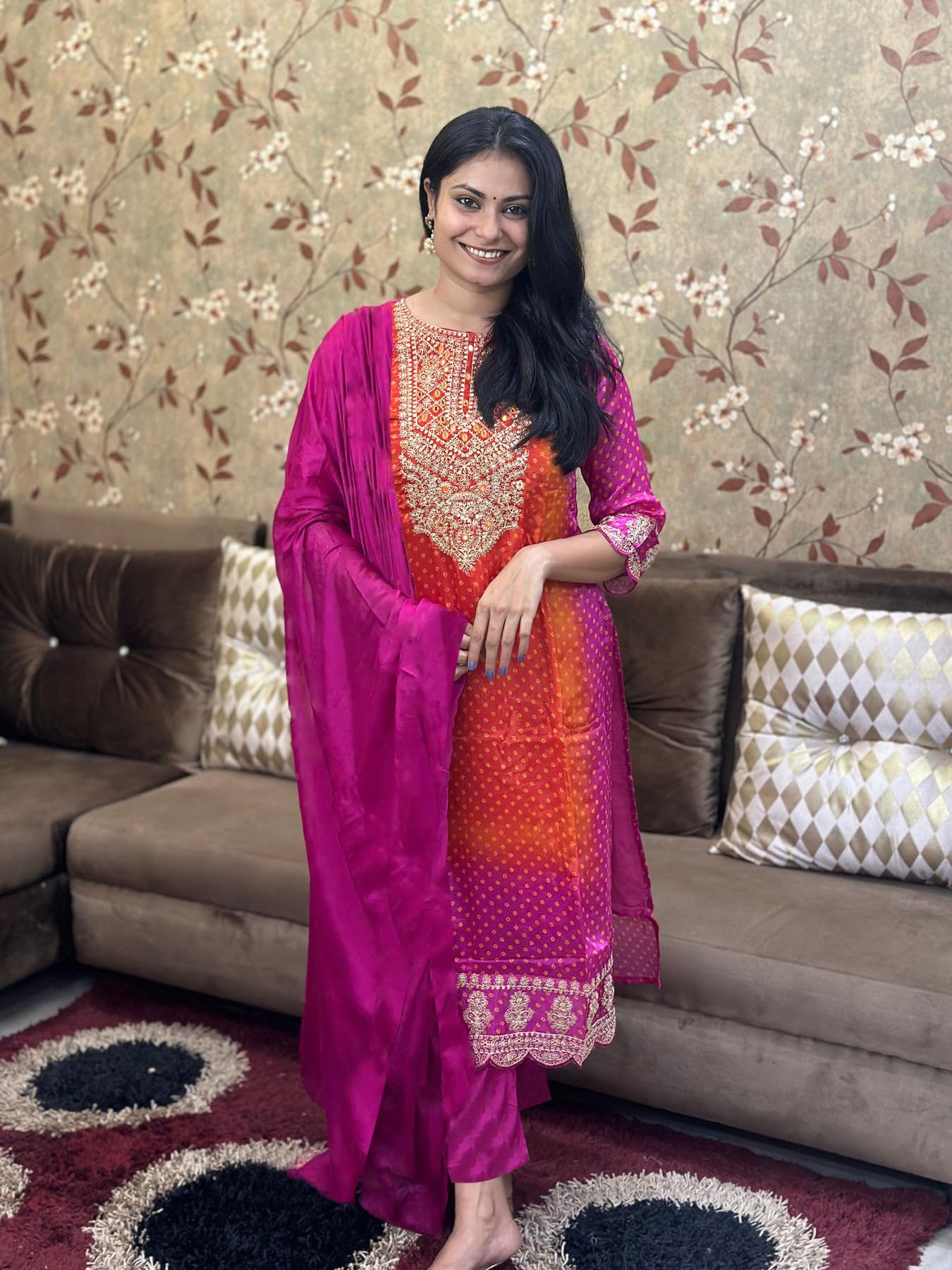 Gosriki WomenS Rayon Blend Straight Embroidered Kurta With Pant & Dupatta (Lasivan Pink-Vks01-Gs_Xxl_Pink_Xx-Large)
