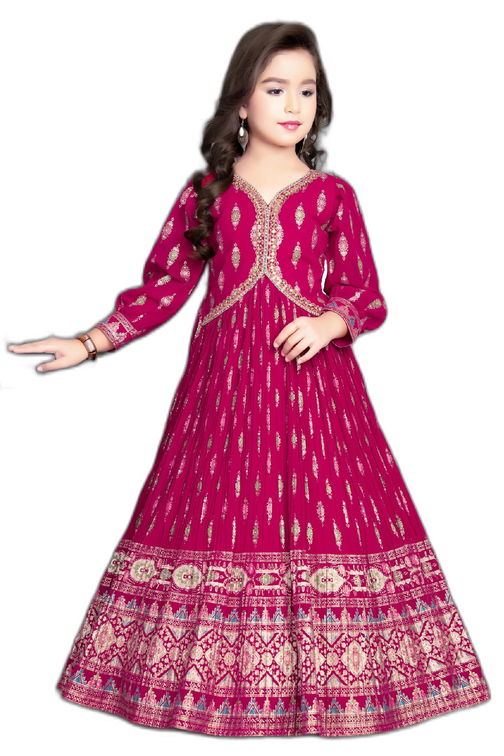 White Button New Pink foil Kids Gown for Girls Maxi Dress