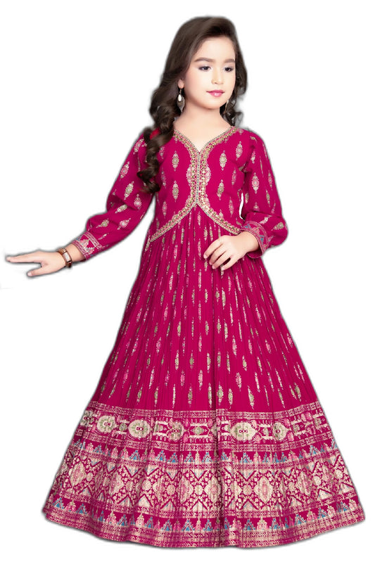 White Button New Pink foil Kids Gown for Girls Maxi Dress