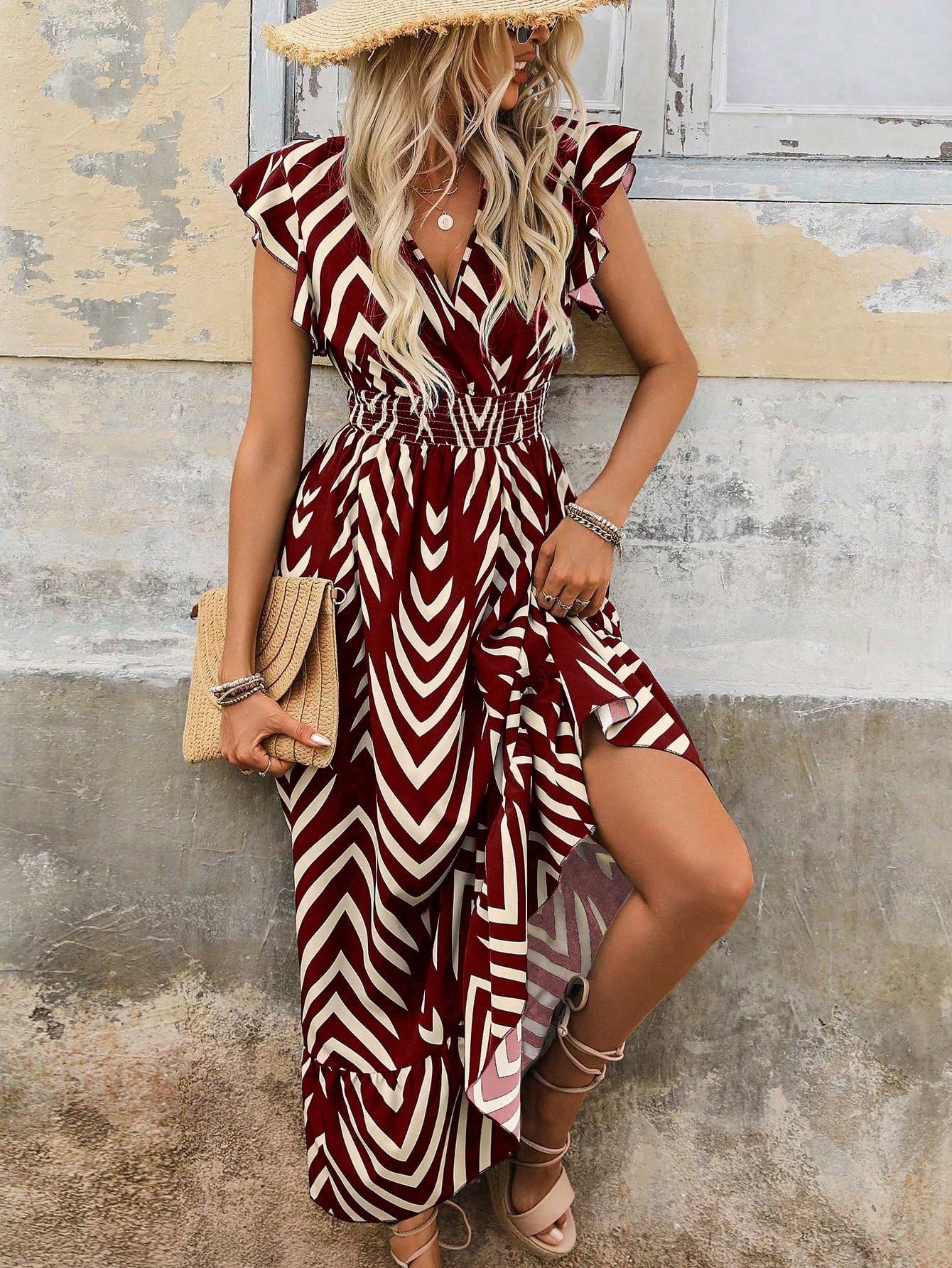 Shasmi WomenS & GirlS Maroon V-Neck Striped Printed Dress With Ruffled Hem And Belted Waist For Vacation, One Piece Dress For