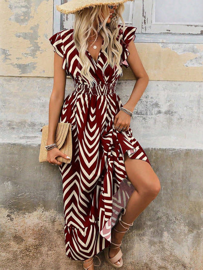 Shasmi WomenS & GirlS Maroon V-Neck Striped Printed Dress With Ruffled Hem And Belted Waist For Vacation, One Piece Dress For