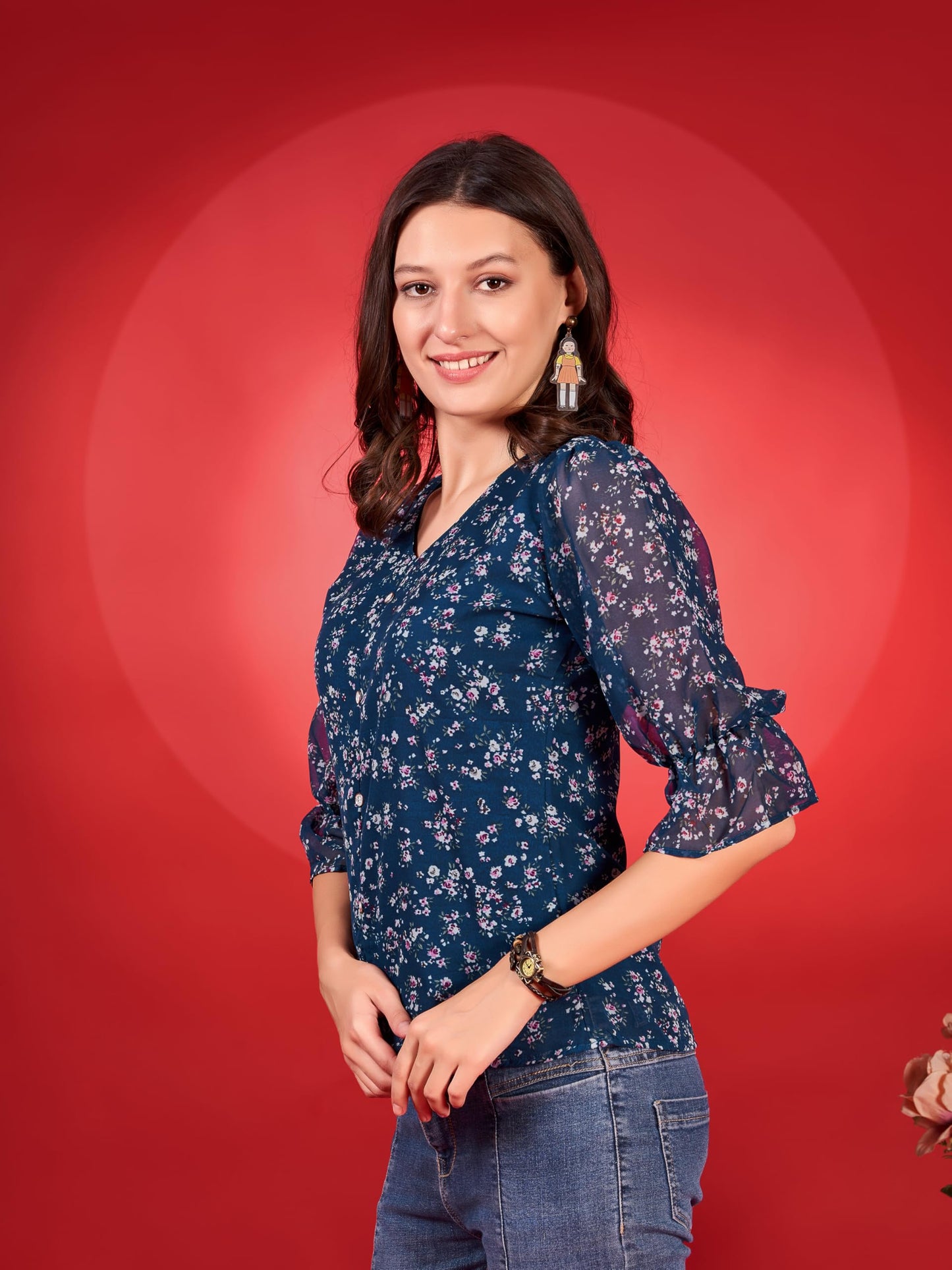 Trillmixa WomenS V-Neck Floral Printed Comfortable Top For Women