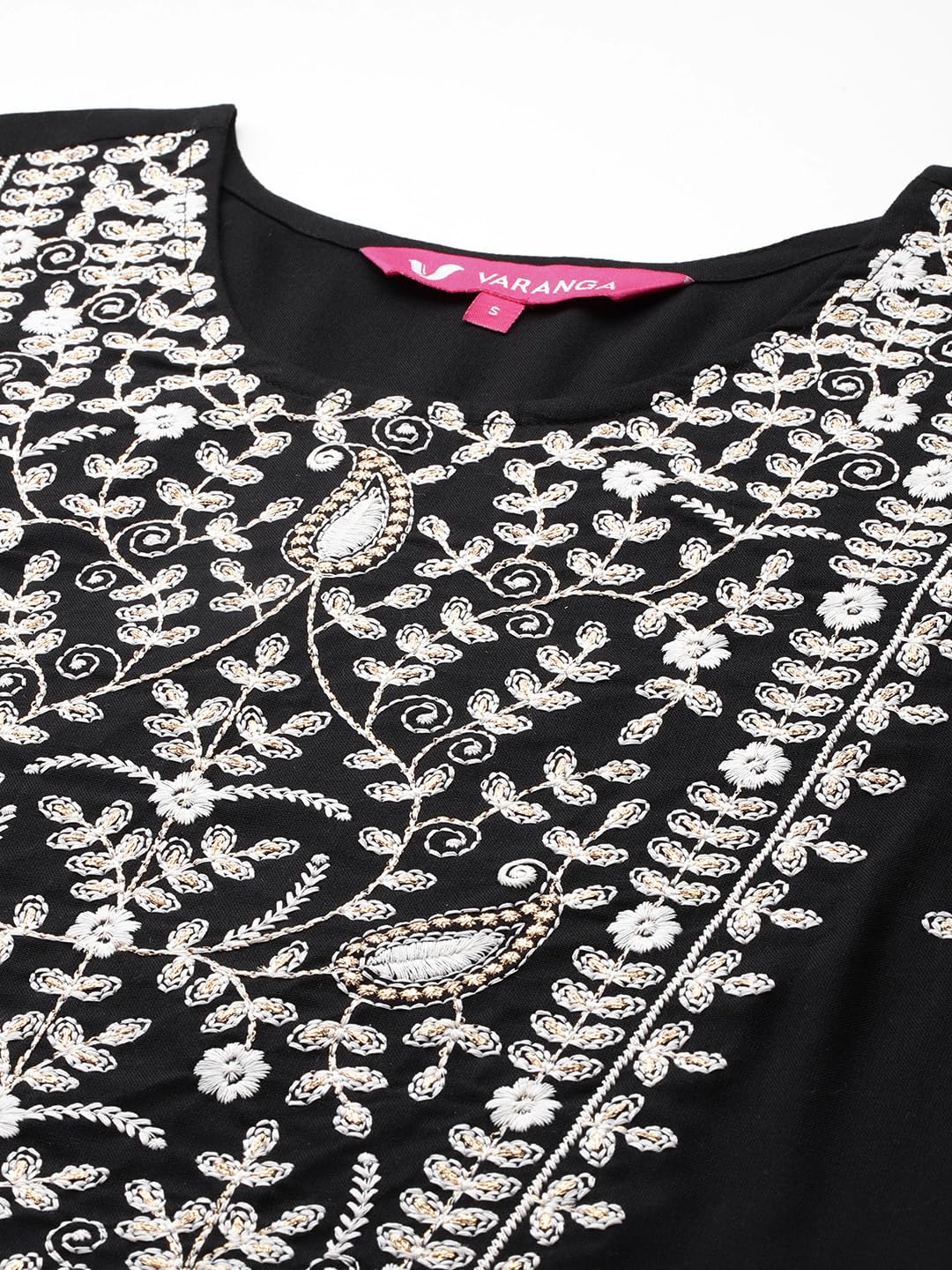 VARANGA Women Black Round Neck Thread Embroidered Kurta Paired With Bottom And Dupatta