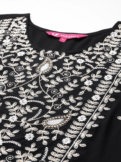 VARANGA Women Black Round Neck Thread Embroidered Kurta Paired With Bottom And Dupatta