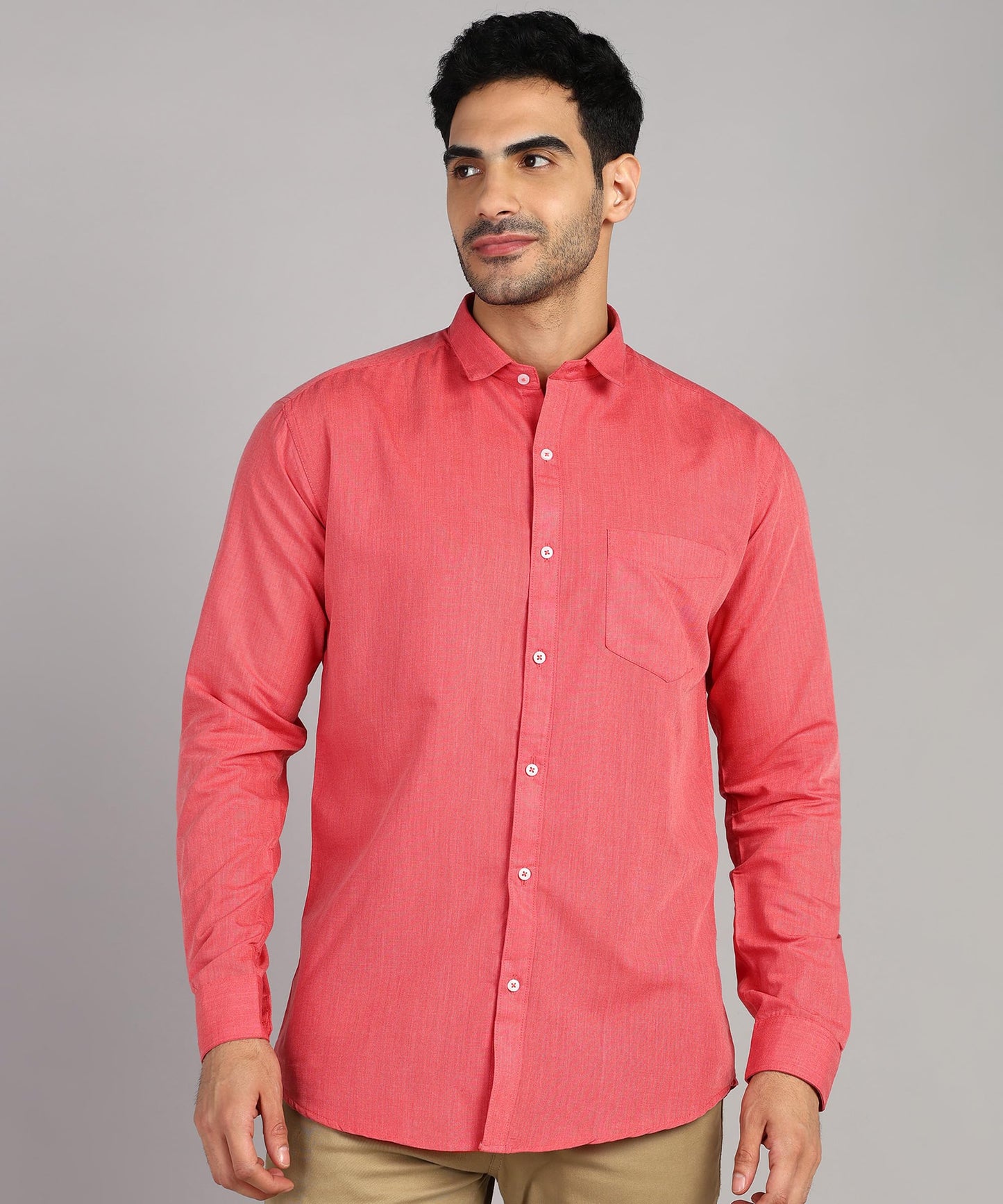 Mildin MenS Regular Cotton Blend Pink Slim Fit Solid Button Down Spread Collar Full Sleeve Curved Hemline Formal Shirt With One