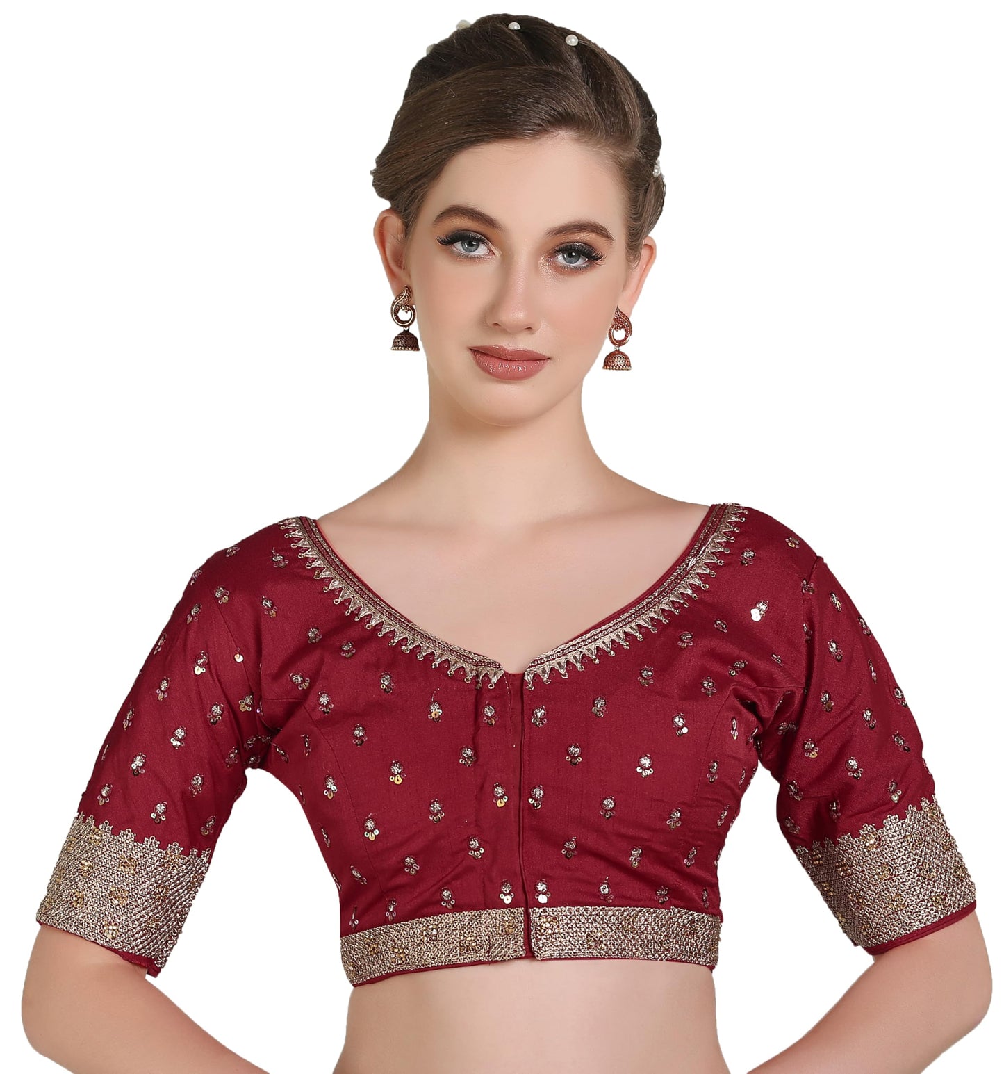 Pujia Mills Women Indian Ethnic Wear Designer Golden Codding With Zari Embroidered Diamond Work Round Neck Half Sleeve Readymade