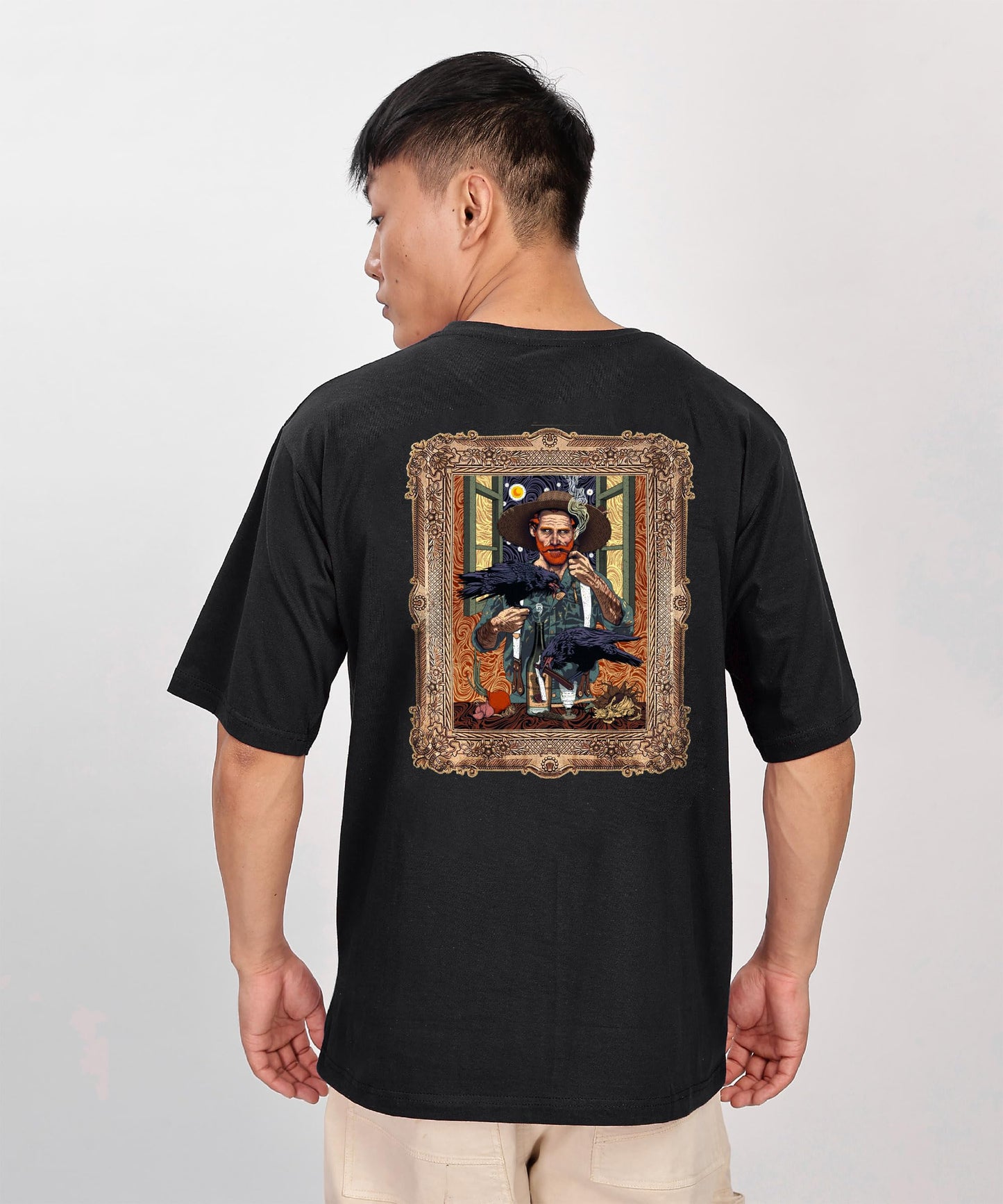 SHODOX Mens 100% Pure Cotton Relaxed Fit Drop Shoulder Premium Front & Back Printed Oversized T-Shirt (Pack of 1) Black