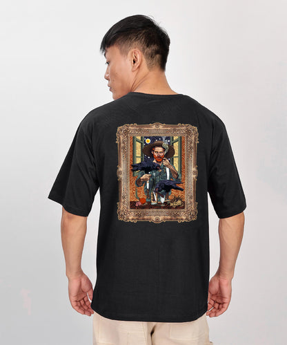 SHODOX Mens 100% Pure Cotton Relaxed Fit Drop Shoulder Premium Front & Back Printed Oversized T-Shirt (Pack of 1) Black