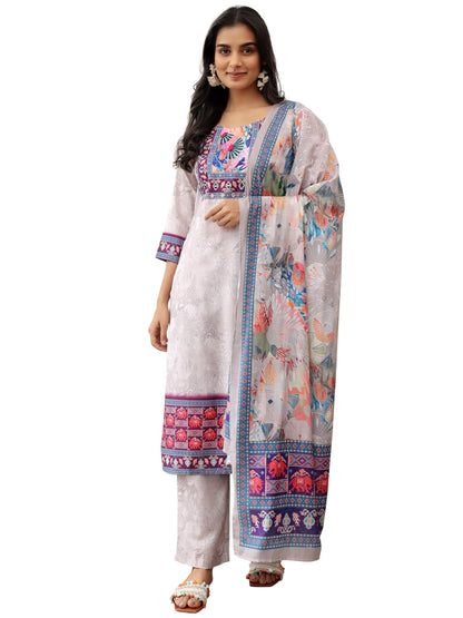 Libas Womens Printed Linen Straight Kurta With Trousers And Dupatta