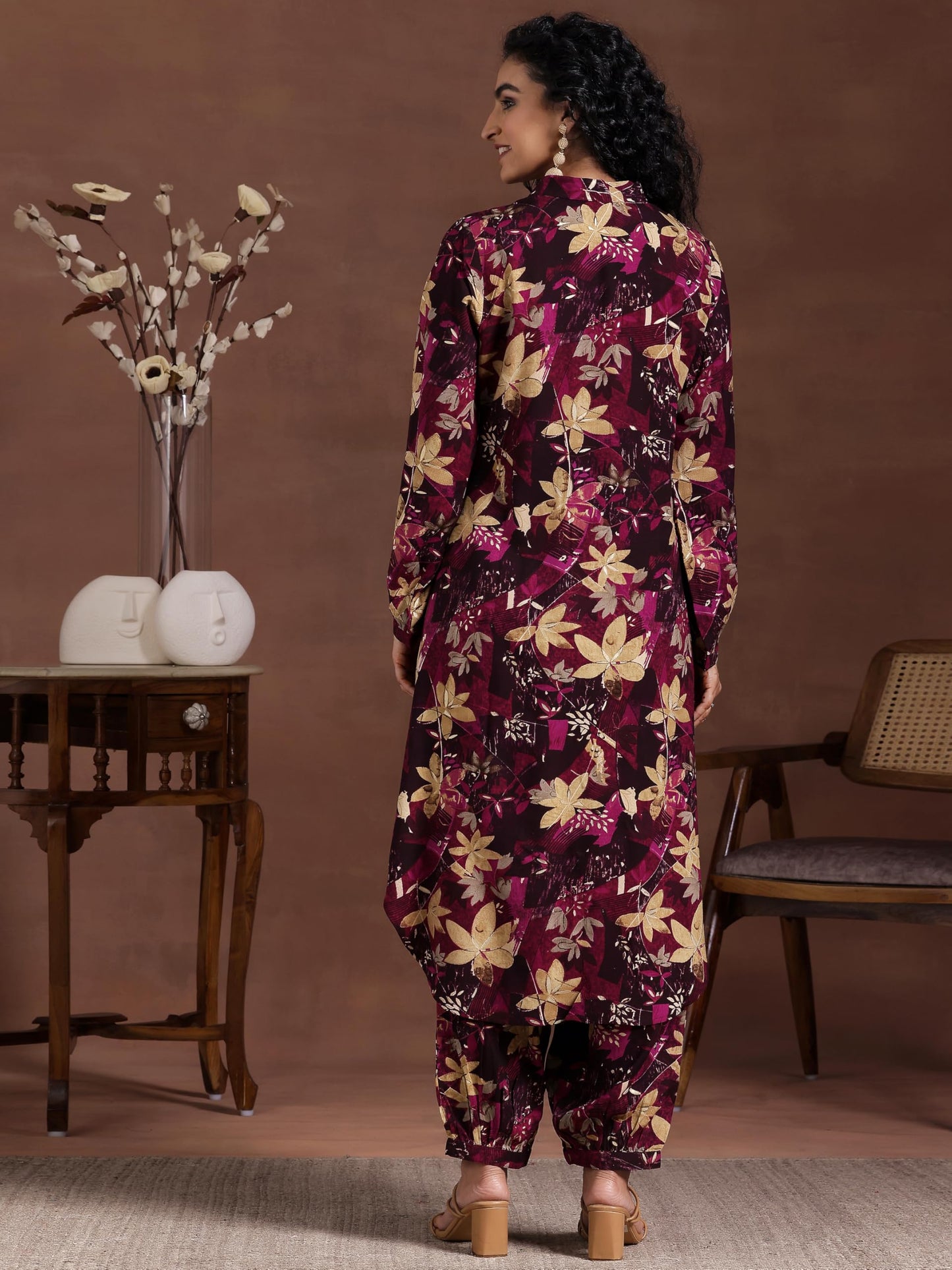 Libas WomenS Burgundy Printed Silk Blend Co-Ords Regular 27799