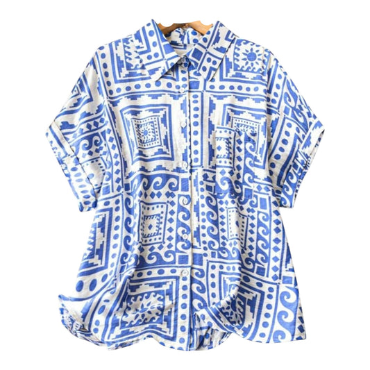Gufrina WomenS Polyester Shirt With Pocket Half Raglan Sleeves Spread Collar Neck Geometric Printed Relaxed Fit And Standard Le