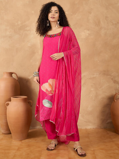 Varanga Women Spaghetti Strap Floral Kurta Featuring Tassles With Trousers And Dupatta