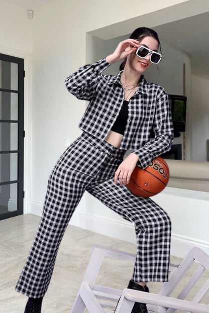 Popwings Casual Checks Print Crop Shirt And Trouser Co-Ord Set For Women | Shirt And Pant Co-Ord Set For Women | Full Sleeves Co