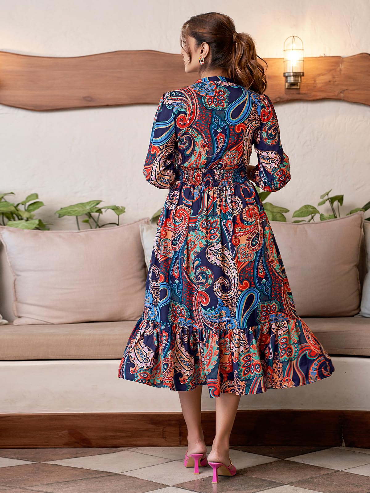 Selvia Western Dress for Women| Printed 3/4 Sleeve Rayon Blend Western Dress for Women | V-Neck A-Line Dress for Women | One Pie