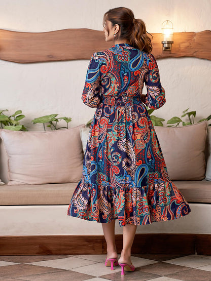 Selvia Western Dress for Women| Printed 3/4 Sleeve Rayon Blend Western Dress for Women | V-Neck A-Line Dress for Women | One Pie