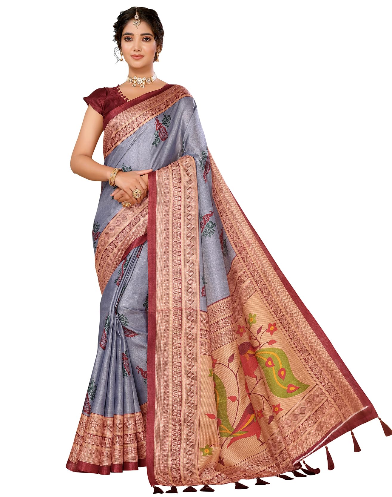 Yashika Womens Art Silk Printed with Tassels Unstitched Blouse Material Stylish Party Casual Wear Traditional Trendy Saree (AZ-